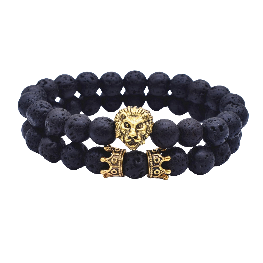 Vintage Natural Lava Stone Lion & Crown Beads Bracelet