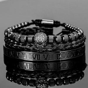 3pc Roman Skull & Numeral Metal Bracelet