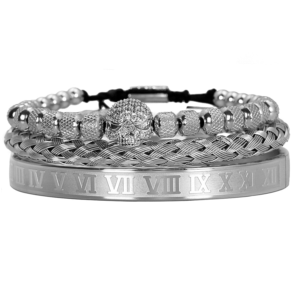 3pc Roman Skull & Numeral Metal Bracelet