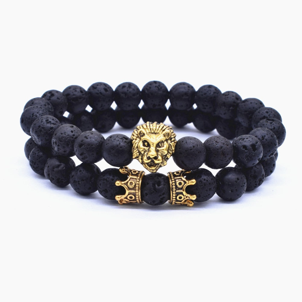 Vintage Natural Lava Stone Lion & Crown Beads Bracelet