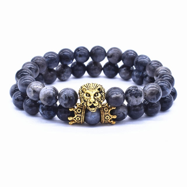 Vintage Natural Lava Stone Lion & Crown Beads Bracelet