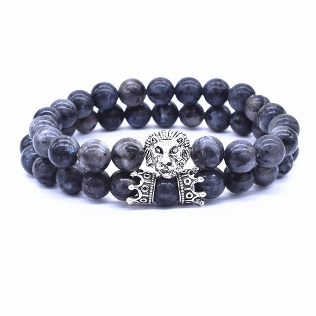 Vintage Natural Lava Stone Lion & Crown Beads Bracelet